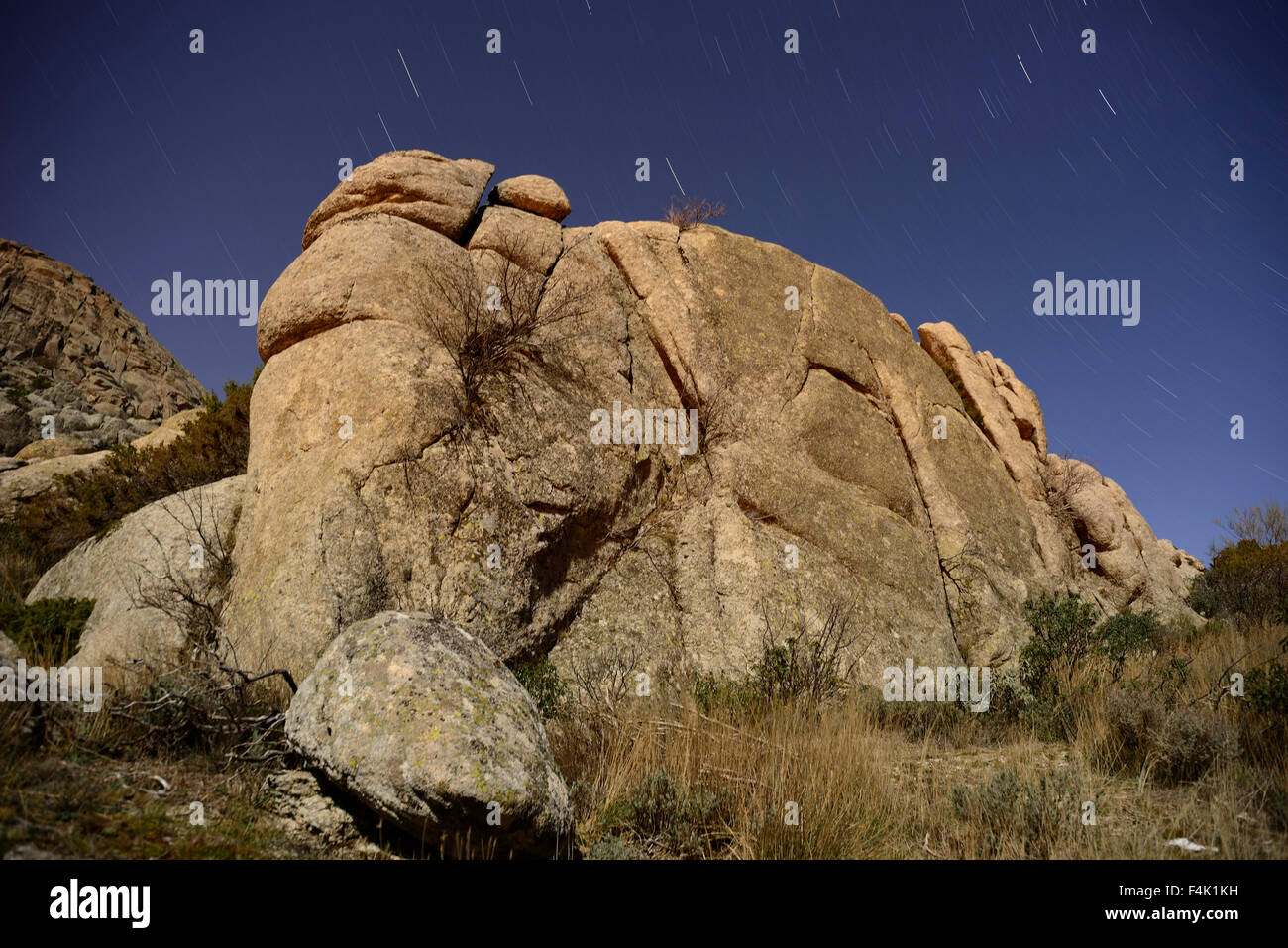 Rock with elephant shape in La Cabrera mountains at night, Madrid province, Spain Stock Photo