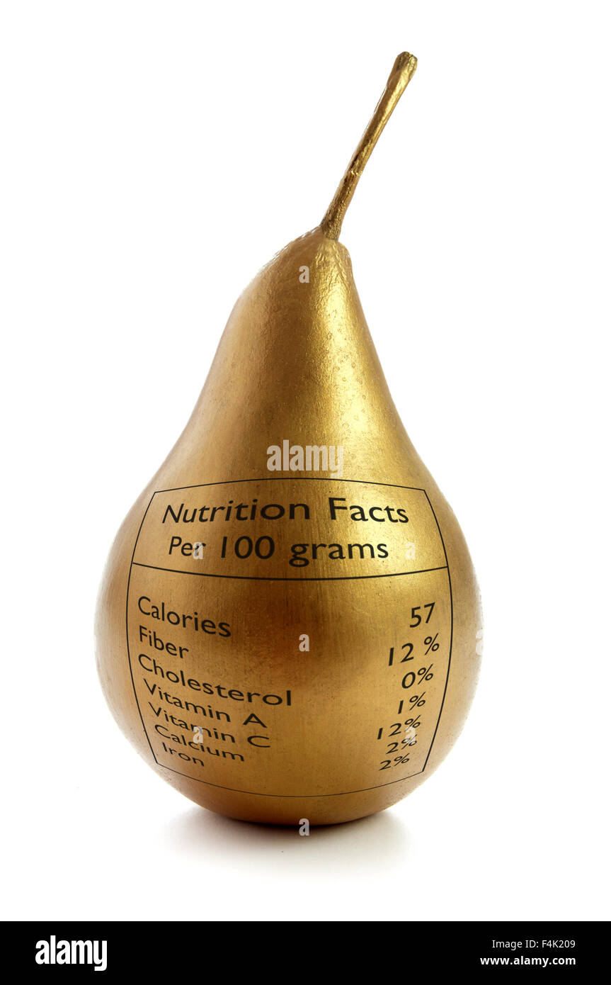 Concept image of a gold pear with nutrition label as a superfood Stock Photo