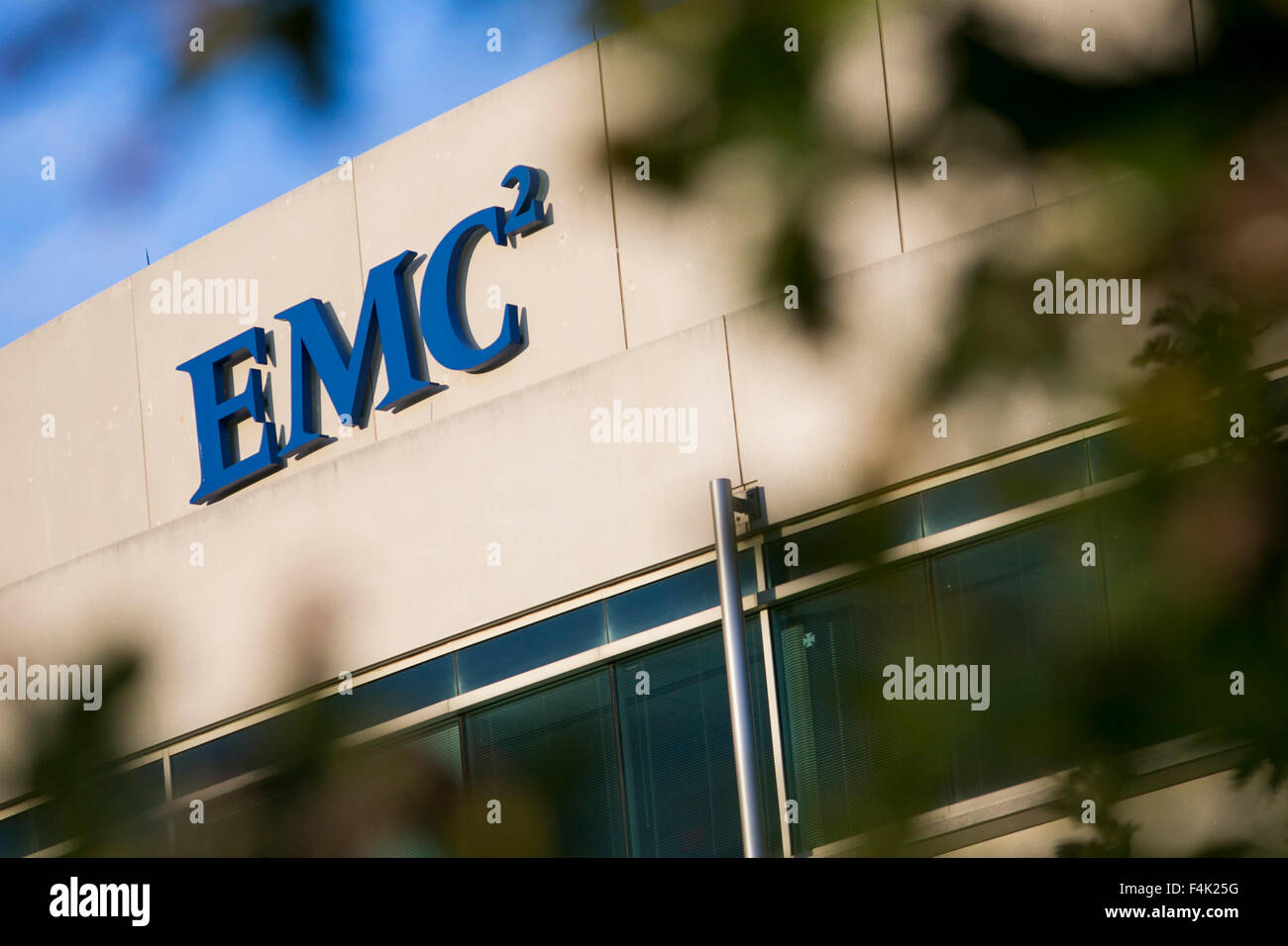 A logo sign outside of an office building occupied by EMC Corporation in Rockville, Maryland on October 18, 2015. Stock Photo