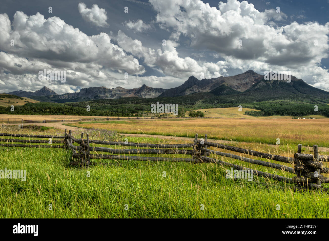 Ranches at the foot of the Sneffels Range of Colorado's San Juan Mountains. Stock Photo