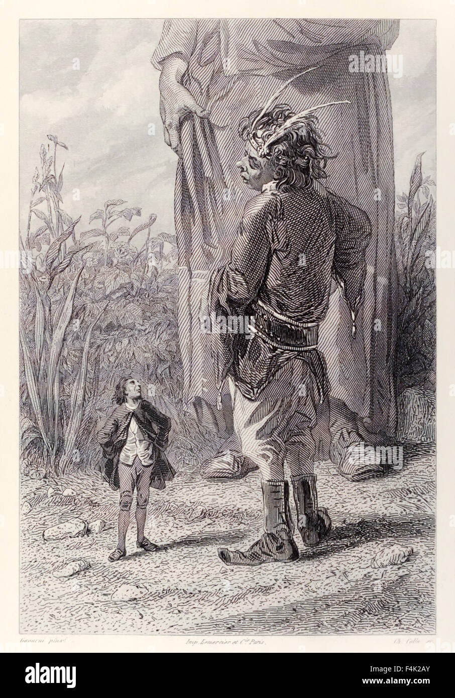 Gulliver meets the Queen's 30 foot tall dwarf who is delighted to have someone in court smaller than him to torment, from French Edition of 'Gulliver's Travels' by Jonathan Swift (1667-1745), illustration by Paul Gavarni (1804-1866). See description for more information. Stock Photo