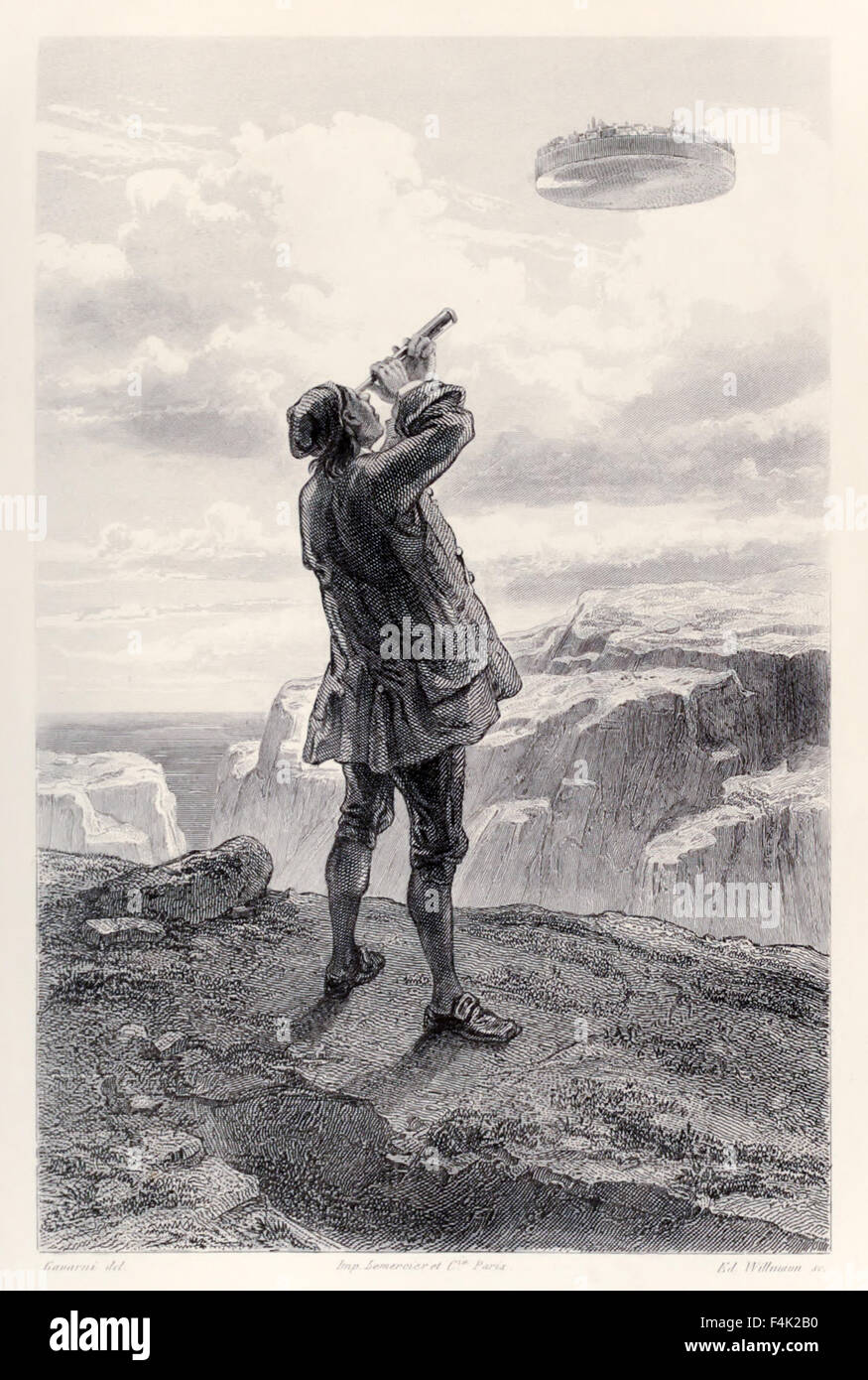 Gulliver sees the flying island Laputa for the first time, and examines it through his telescope, from French Edition of 'Gulliver's Travels' by Jonathan Swift (1667-1745), illustration by Paul Gavarni (1804-1866). See description for more information. Stock Photo