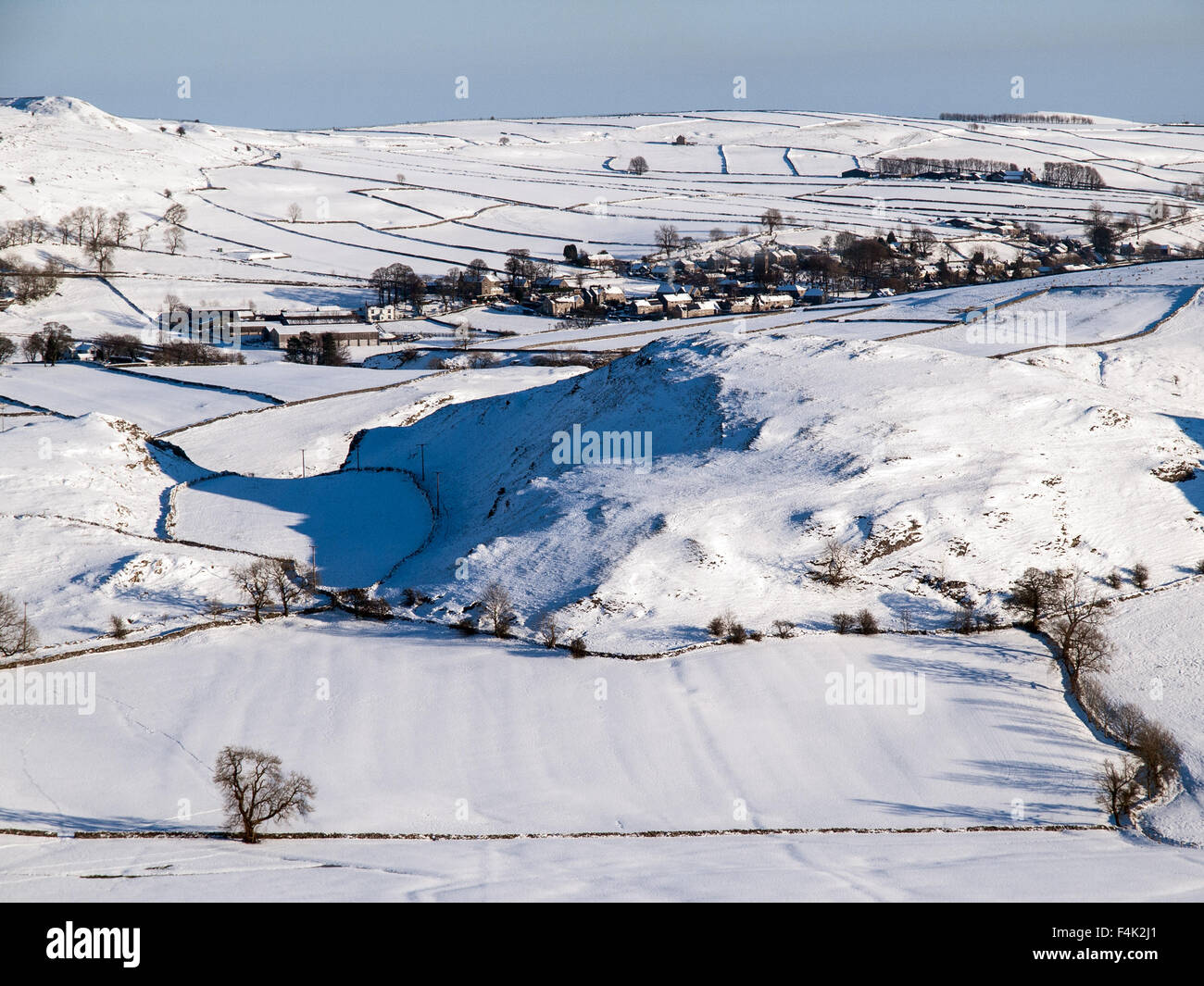 The village of Earl Sterndale in winter, seen from nearby Chrome Hill in the Peak District National Park Stock Photo