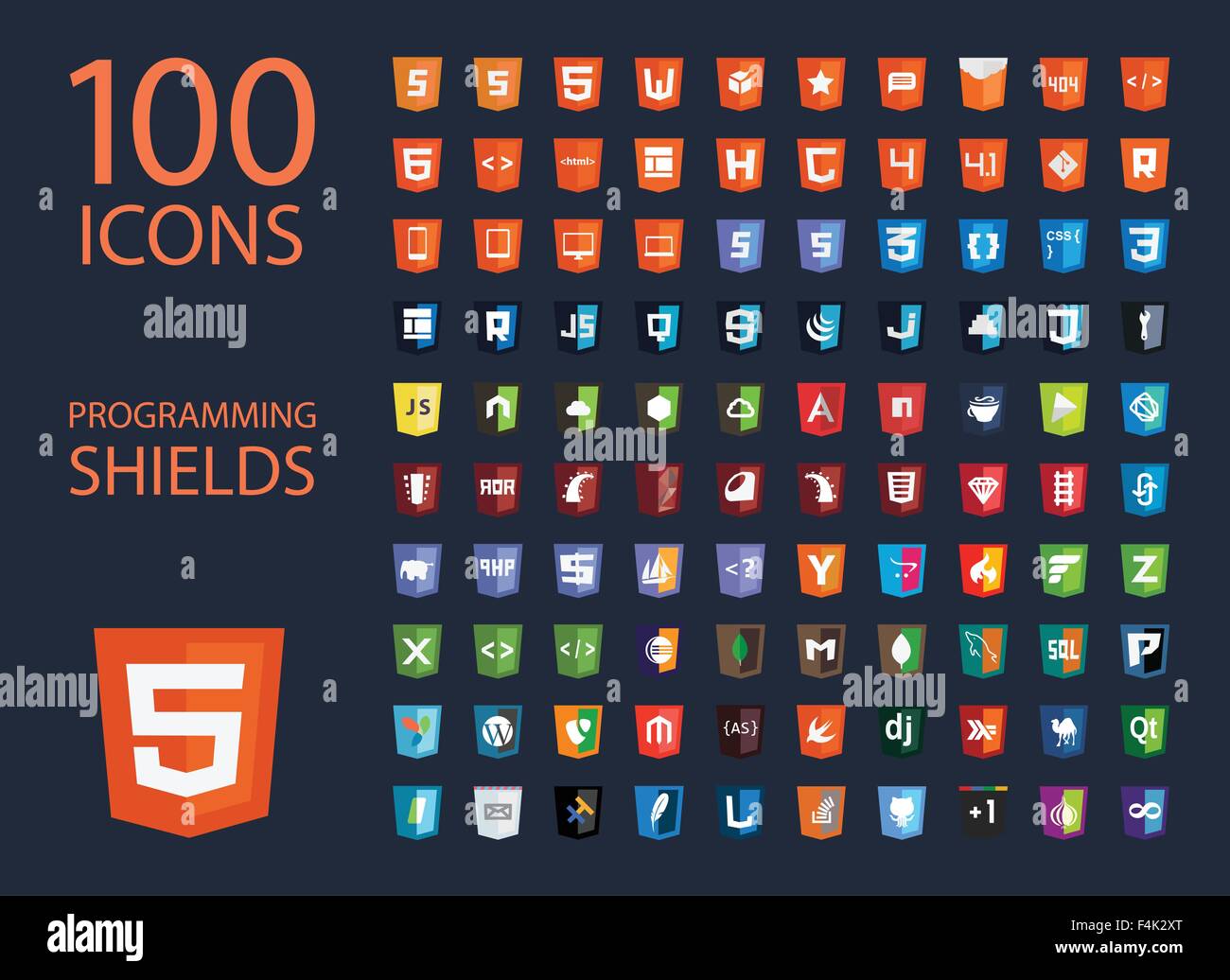 vector collection of web development shield signs, one hundred isolated icons html5 style programming technology Stock Vector