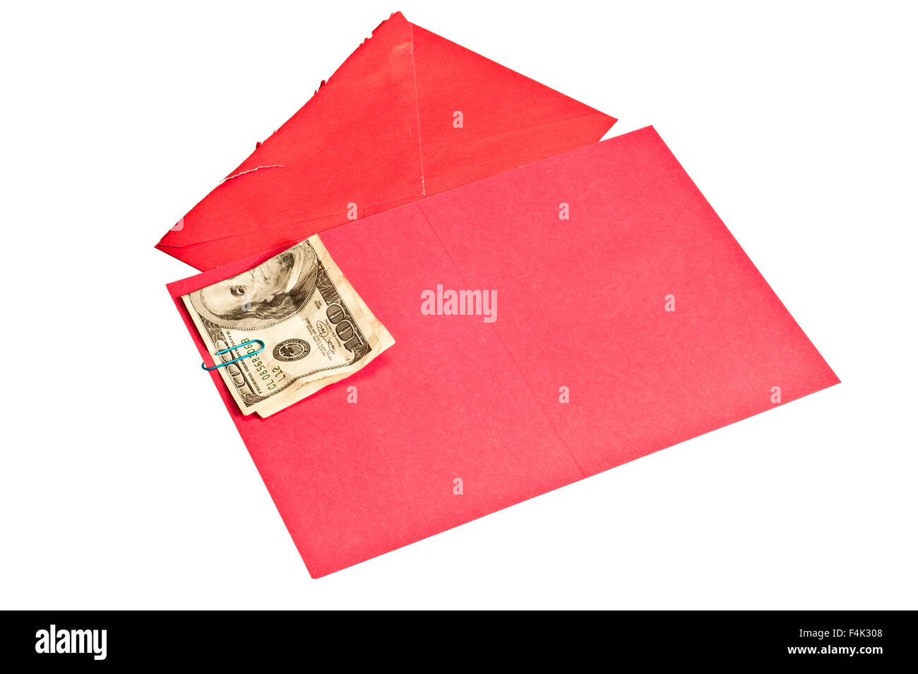 Crumpled Hundred Dollar Bill Inside Blank Red Greeting Card Stock Photo