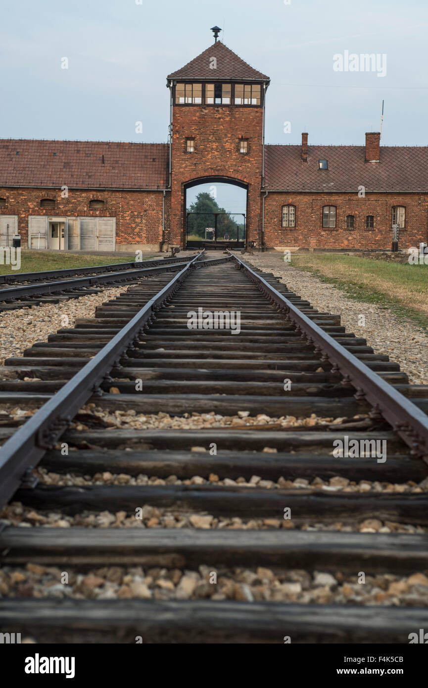 Train tracks lead into the entrance of concentration camp Auschwitz