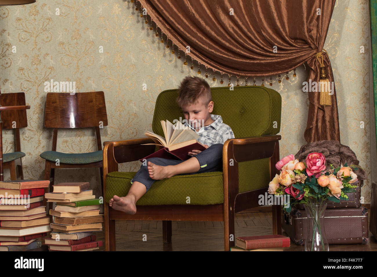 Boy Child Read Book, Children Education, Well Dressed Schoolboy on Gray background Stock Photo