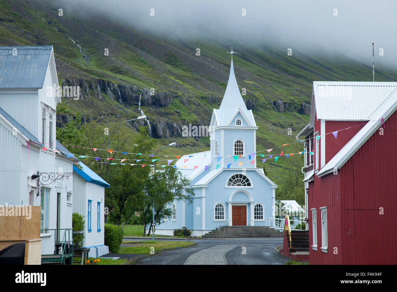 Traditional church in Seydisfjordur village, Austurland, Iceland. Stock Photo