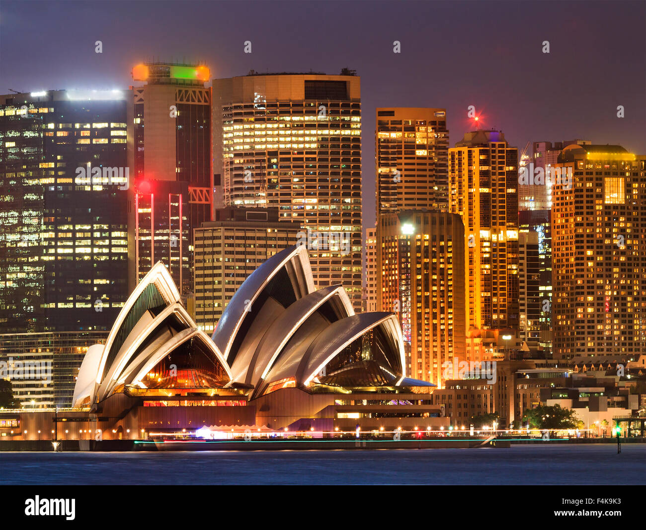 Sydney, NSW, Australia - February 15, 2015: Australian Sydney's landmarks - city CBD houses at sunset brightly illuminated shot Stock Photo