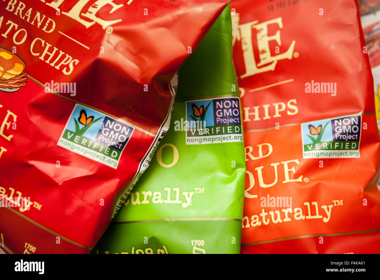Kettle brand potato chips proudly display their 'Non-GMO Project Verified' labeling, seen in New York on Friday, October 9, 2015. Kettle is a brand of Diamond Foods. (© Richard B. Levine) Stock Photo