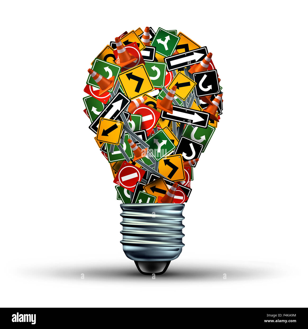 Creative guidance concept and Ideas direction as a business symbol with a group of highway and road signs in the shape of a light bulb as a creativity stress metaphor for an inspiration guide. Stock Photo