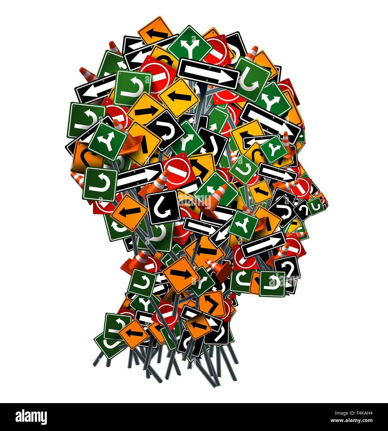 Confused thinking and uncertainty symbol as a group of traffic or road arrow signs shaped as a human head as a decision making crisis  or being lost in confusion concept on a white background. Stock Photo