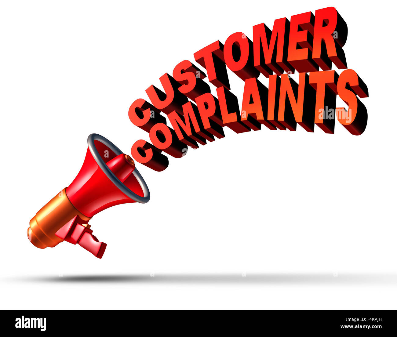 Customer complaints business symbol as a megaphone or bullhorn announcing and communicating a complaint opinion of dissatisfaction for bad client services or poor quality service as text on a white background. Stock Photo