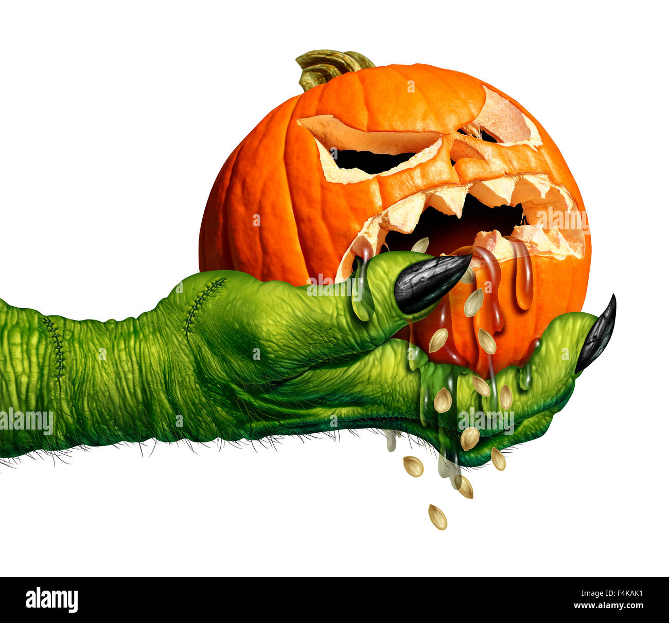 Monster hand holding a creepy pumpkin head jack o lantern that is dripping eerie liquid as a halloween symbol for horror and weird seasonal ritual on a white background. Stock Photo