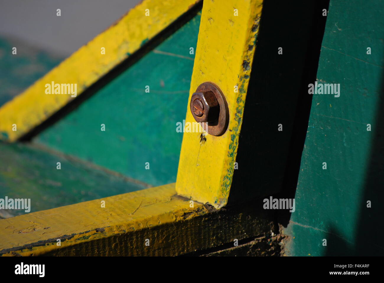 Nut and bolt on deck of small fishing boat on Tonle Sap River, Cambodia Stock Photo