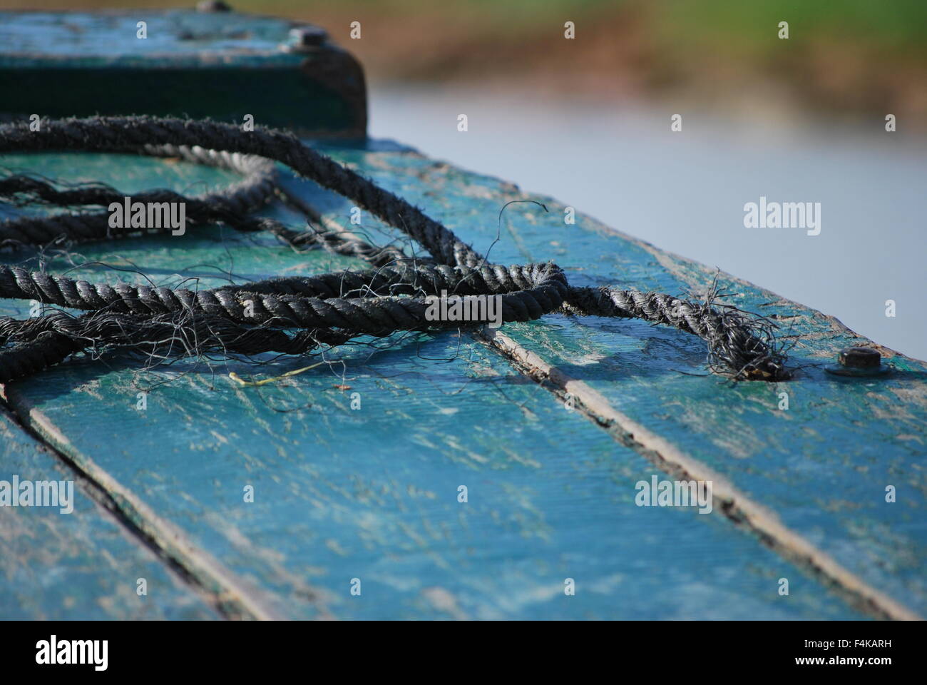 Rope on deck of small fishing boat on Tonle Sap River, Cambodia Stock ...