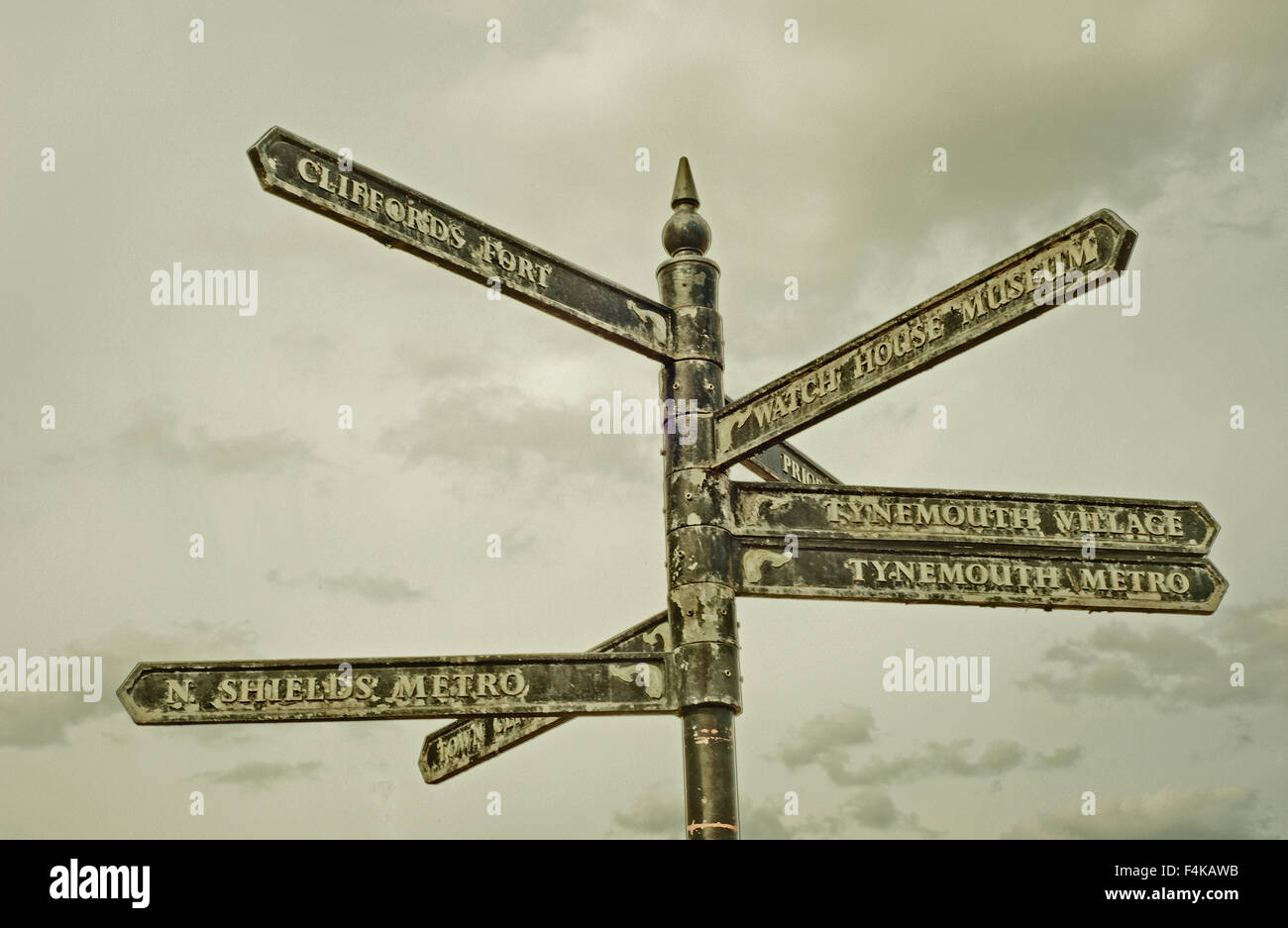 Tourist sign post at North Shields, Stock Photo