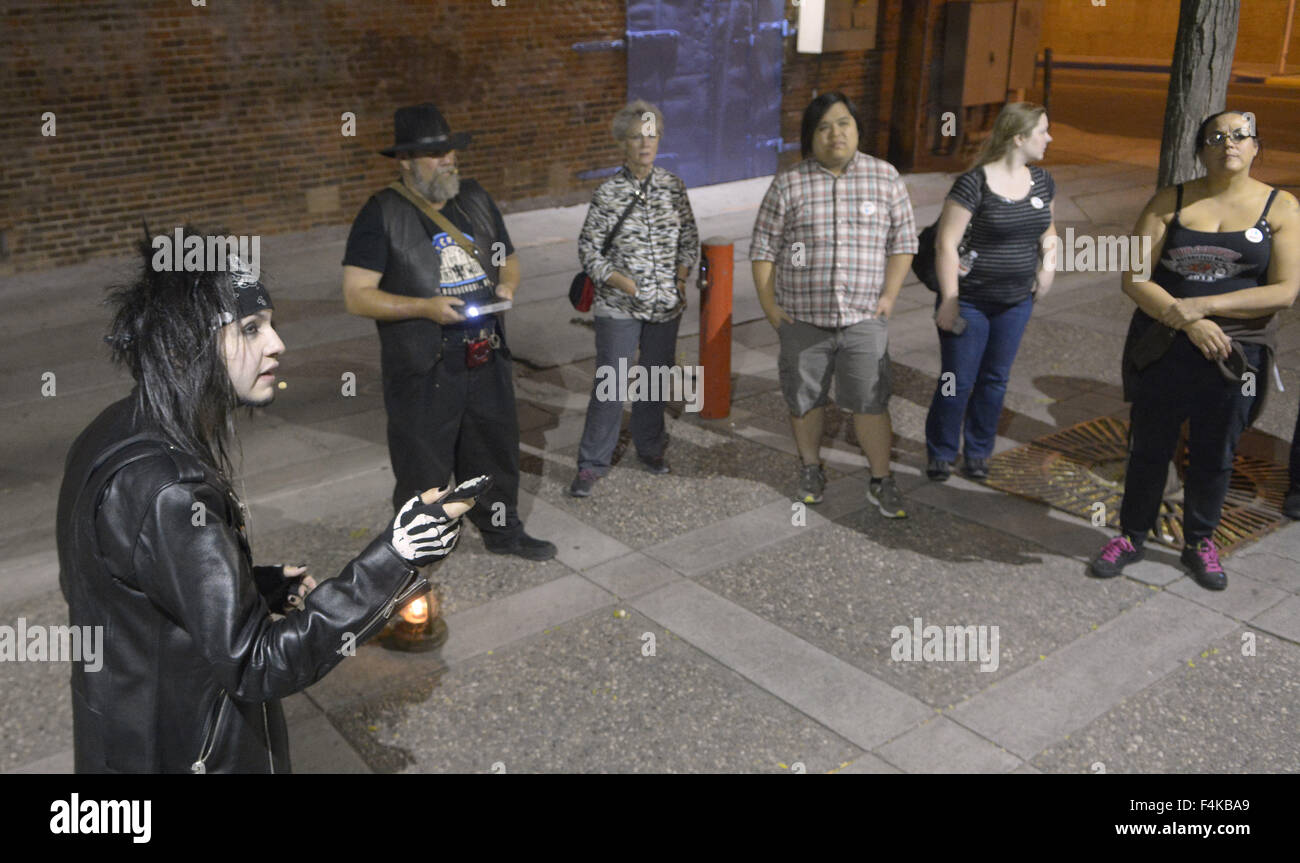 Usa. 15th Oct, 2015. LIVING -- Jordan Jonas, left, talks about the haunting of the Kimo Theater during the Albucreepy Downtown Ghost Walk Thursday, October 18, 2015. © Greg Sorber/Albuquerque Journal/ZUMA Wire/Alamy Live News Stock Photo