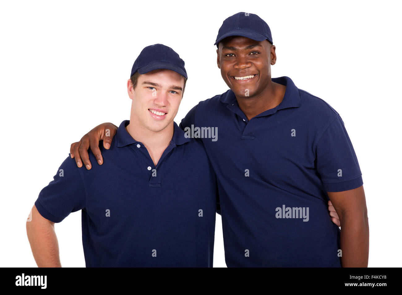 happy multiracial workers on white background Stock Photo - Alamy