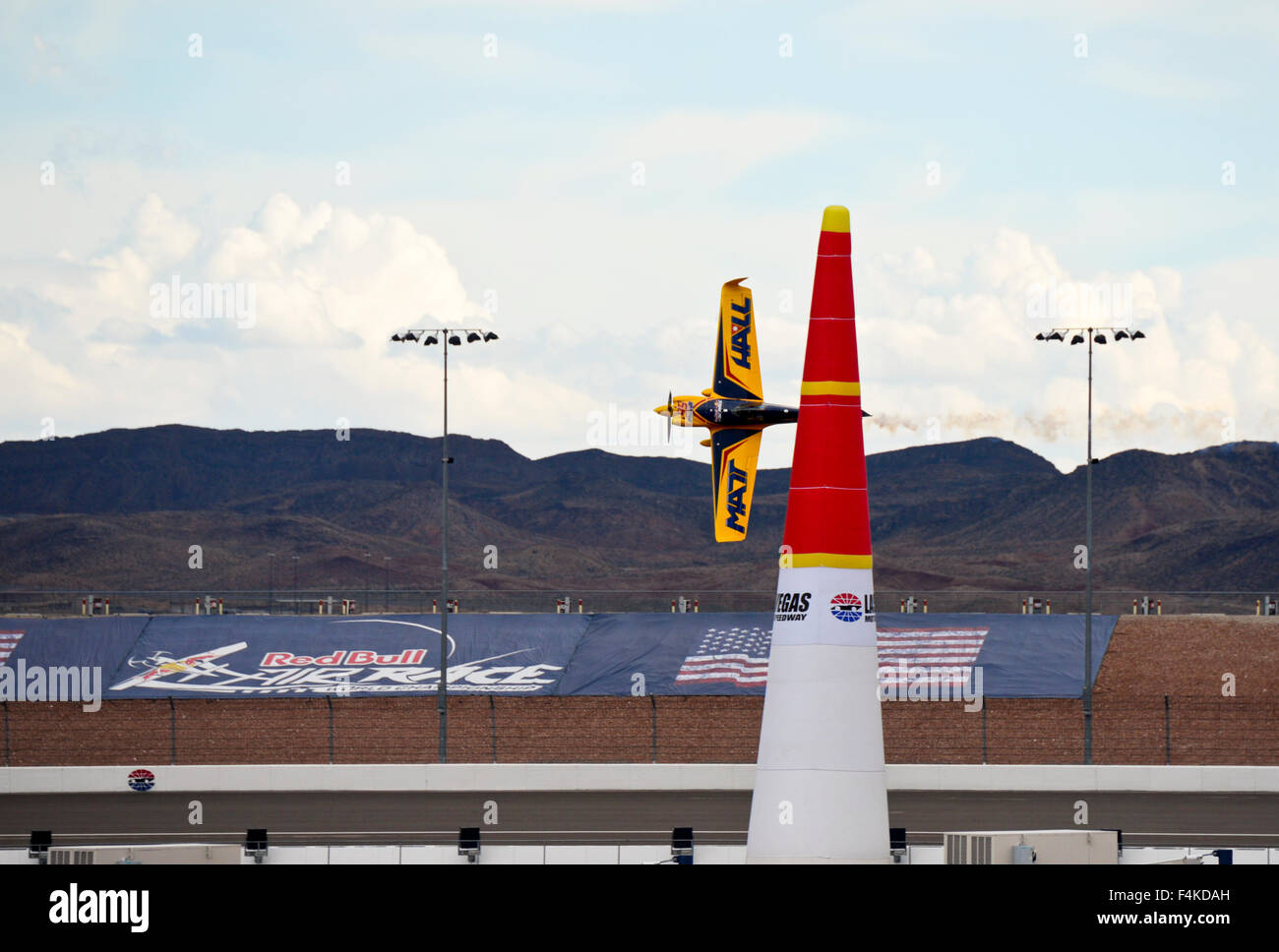 Las Vegas, USA. 18th Oct, 2015. Matt Hall of Australia flying his MXS Plane over 225 mph to secure his win in the Master Class of the 2015 Red Bull Air Race Las Vegas Nevada Credit:  Ken Howard/Alamy Live News Stock Photo
