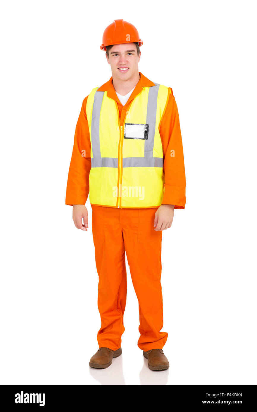 handsome young blue collar worker standing on white background Stock Photo