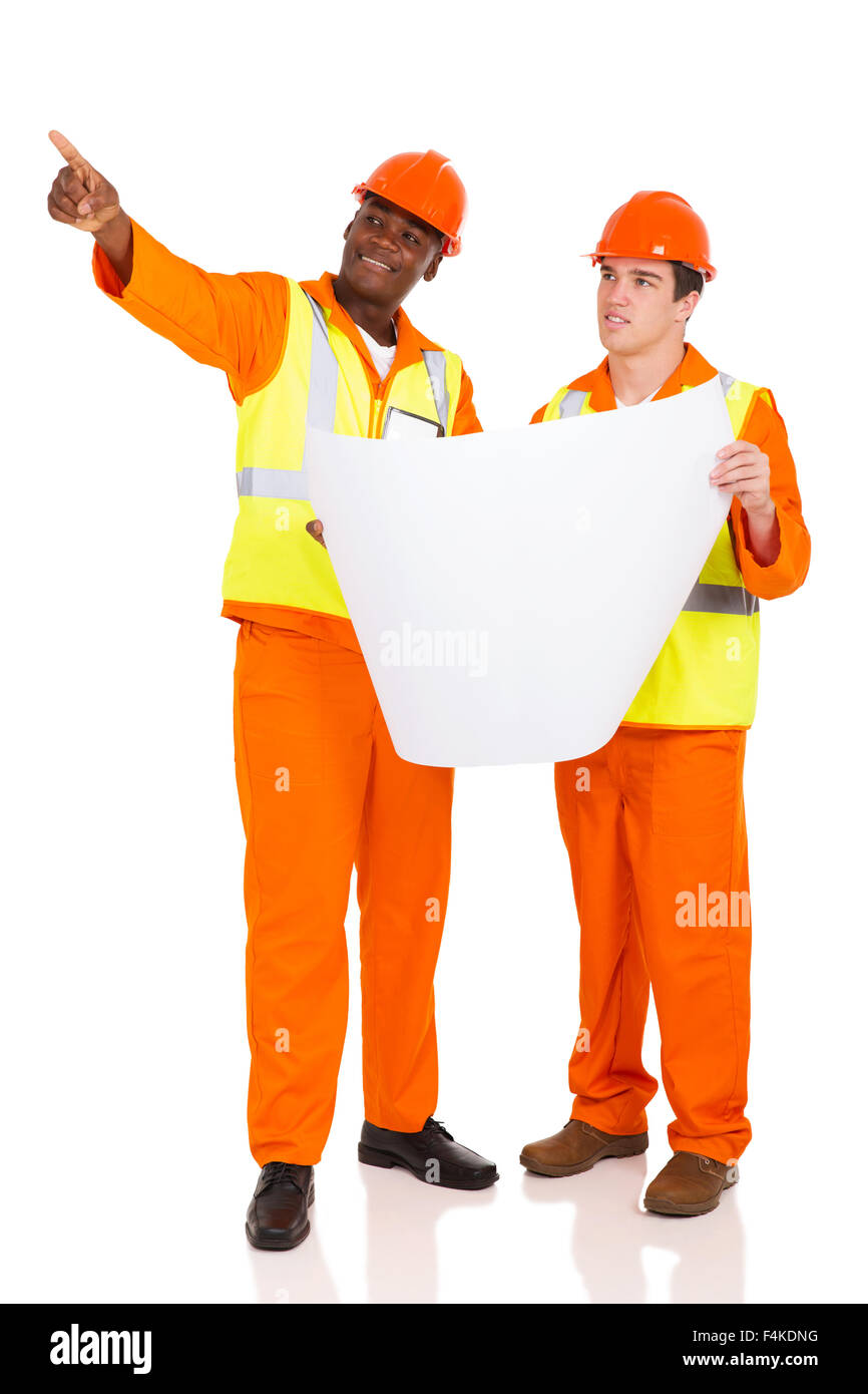 coworkers discussing blueprint isolated on white background Stock Photo Alamy