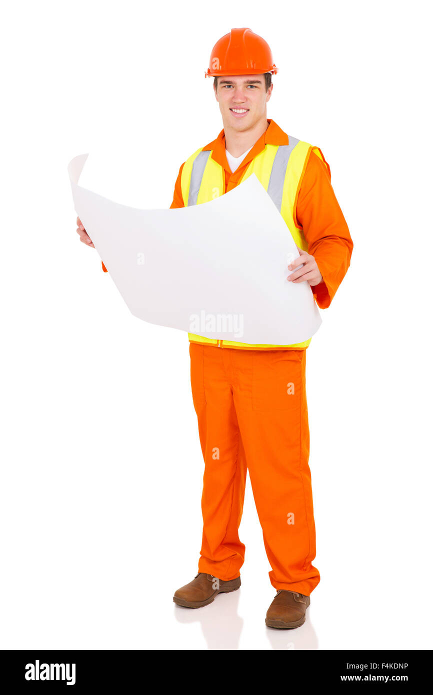 portrait of happy young constructor holding blue print Stock Photo