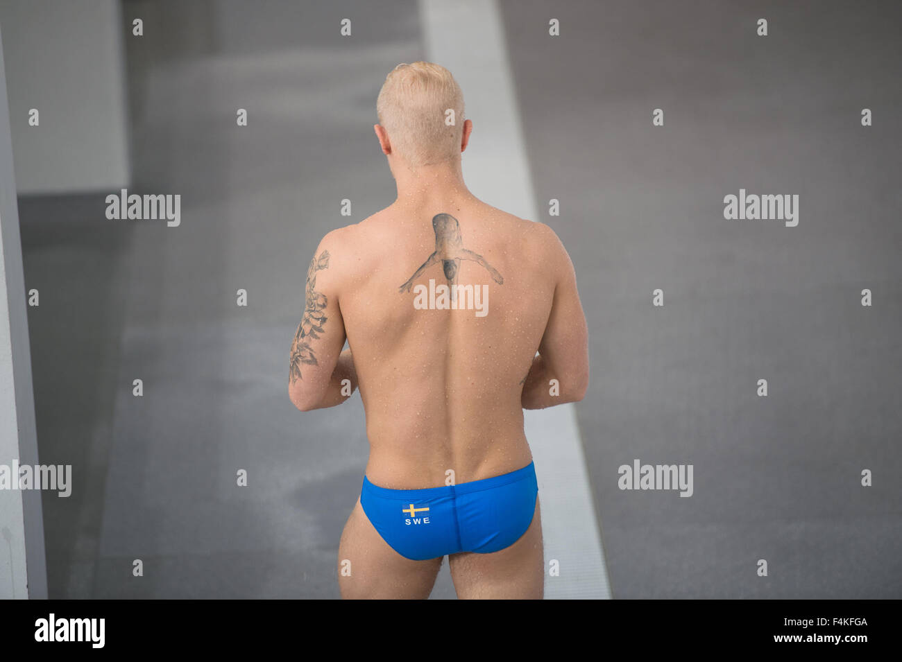 Tolvers Jesper (SWE) the diving tattoo on his back in the FINA Diving Grand Prix 2015 (Singapore) at the OCBC Aquatic Centre on 18 Oct 2015 in Singapore. He won bronze medal in the 10m platform event. (Photo by Haruhiko Otsuka/AFLO Stock Photo
