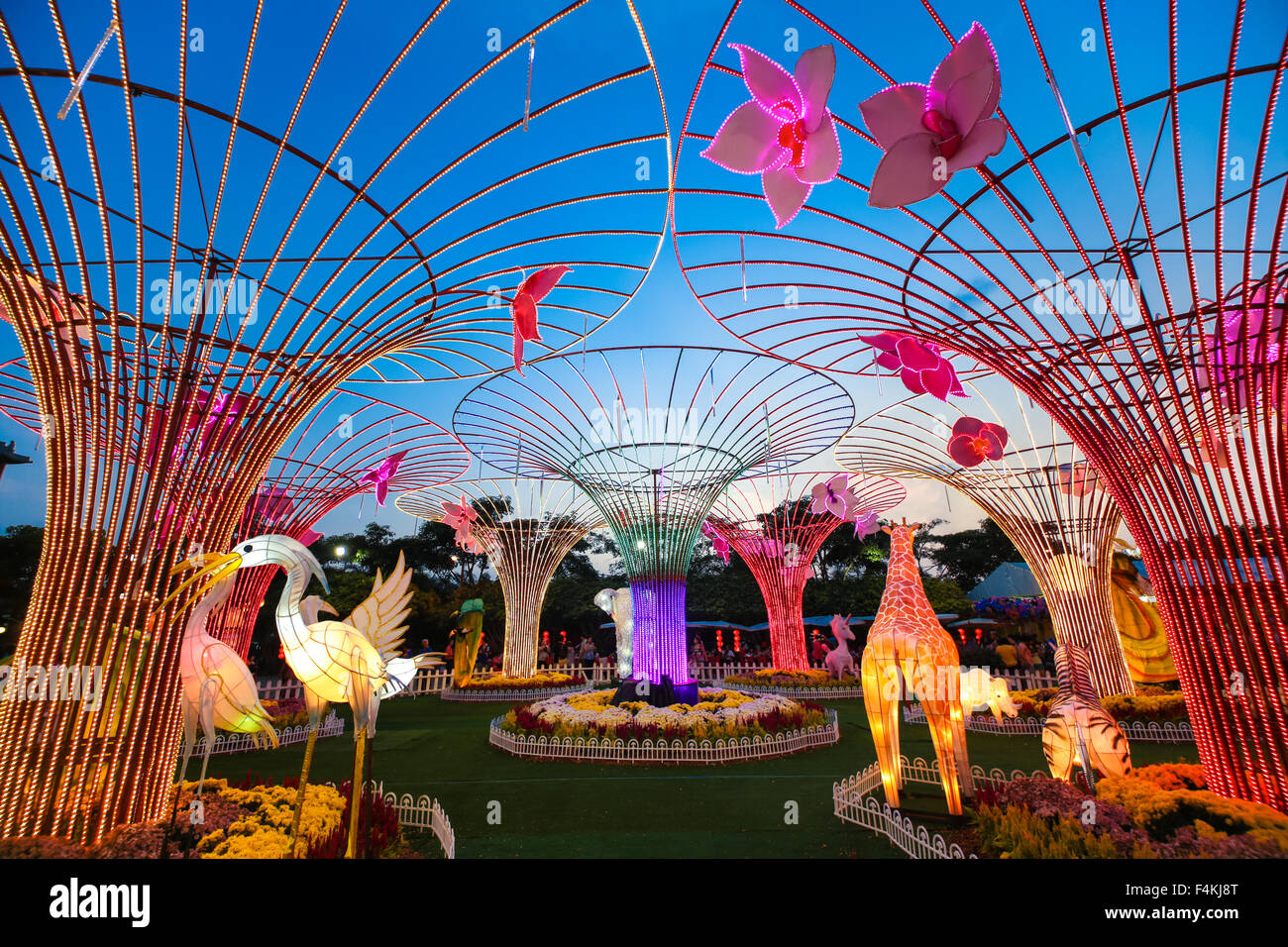 LED metal tree and lantern animal decorations at FGS temple, Jenjarom Malaysia during chinese new year 2014. Stock Photo