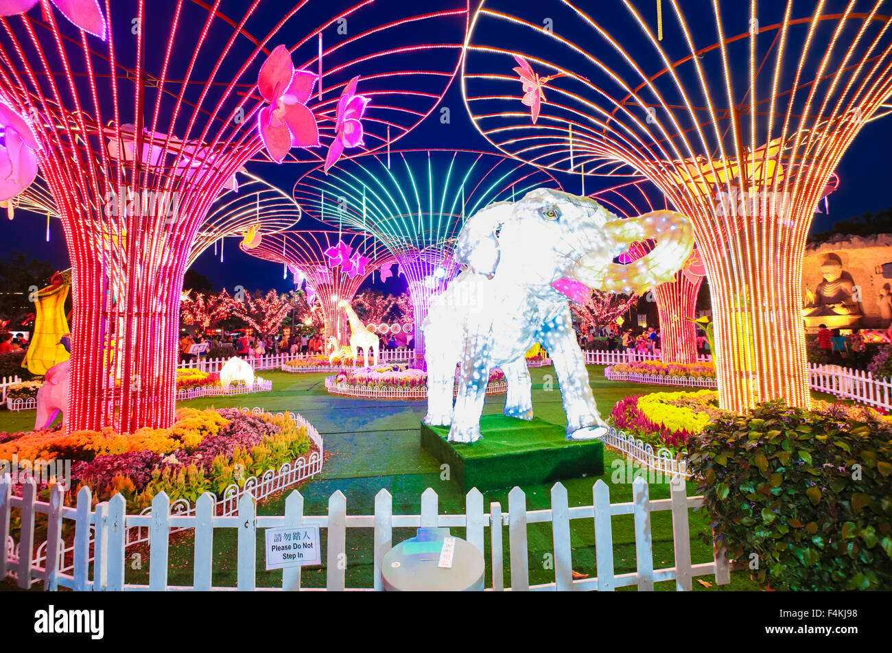 LED metal tree and elephant decorations at FGS garden temple, Jenjarom Malaysia during chinese new year 2014. Stock Photo