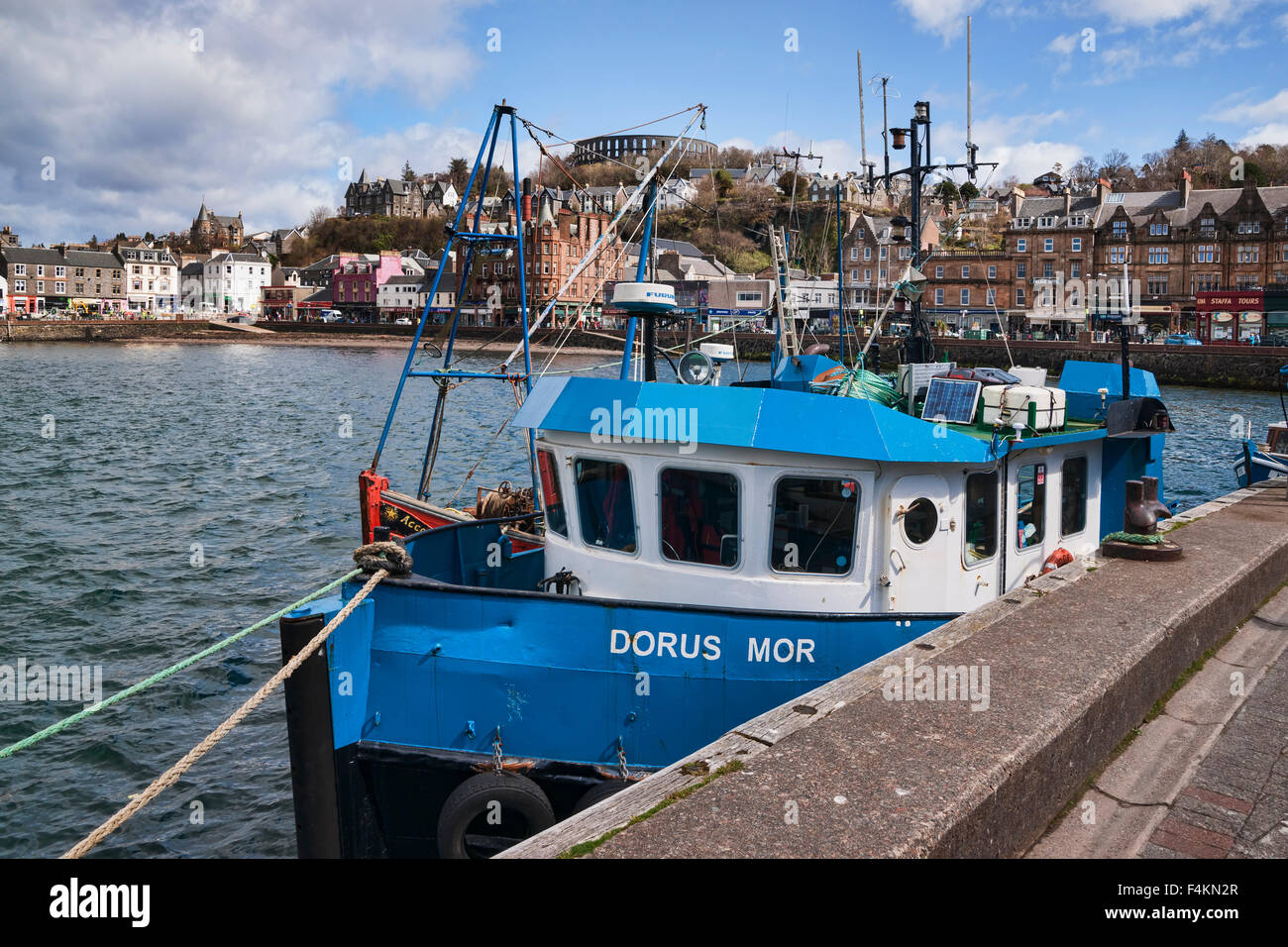 Oban Harbour, boats, McCaig's Tower, Argyll and Bute Region; Scotland, Uk Stock Photo