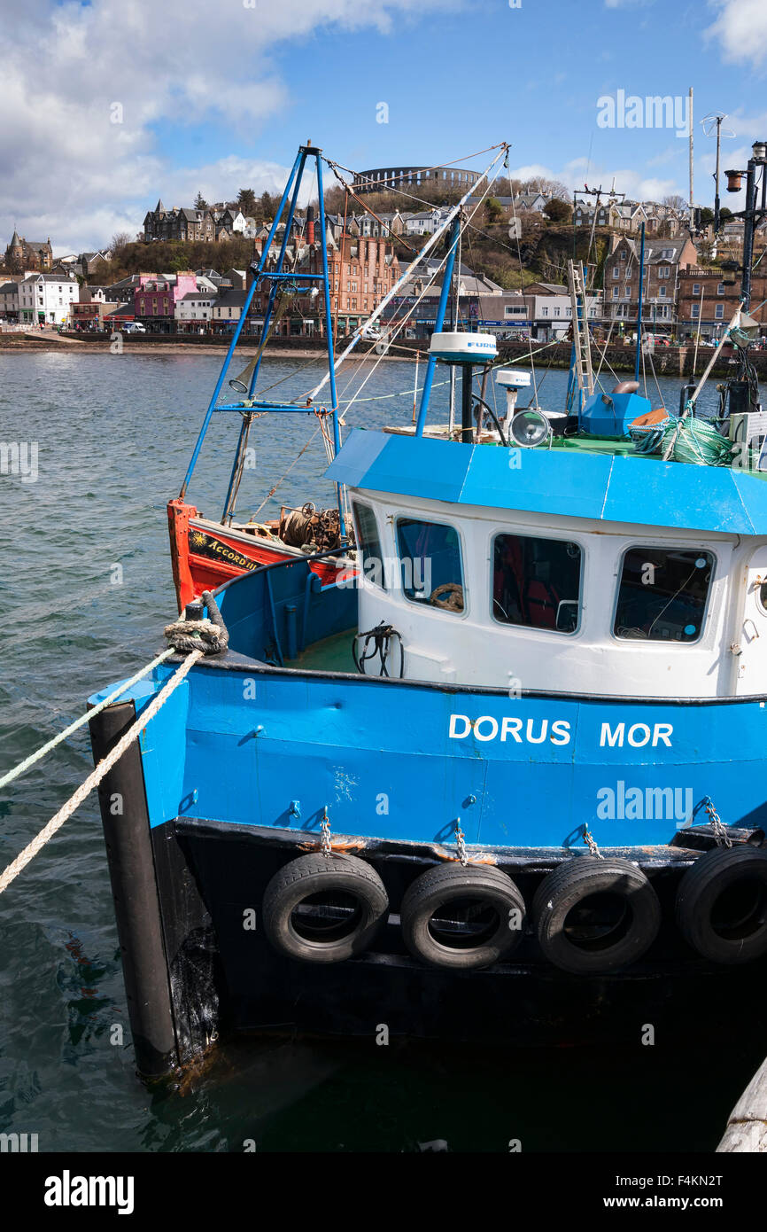 Oban Harbour, boats, McCaig's Tower, Argyll and Bute Region; Scotland, Uk Stock Photo