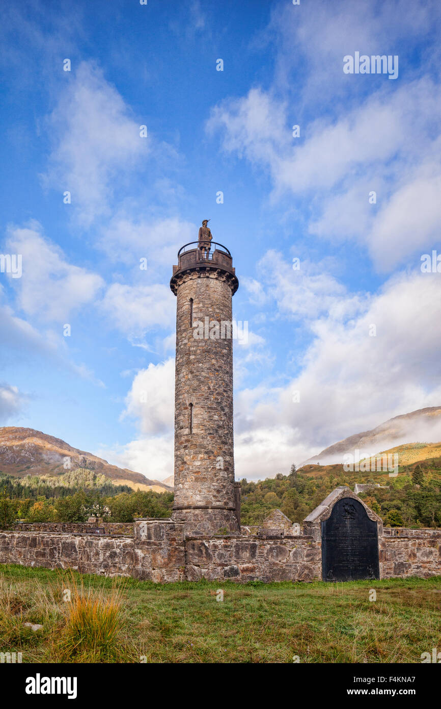 The Glenfinnan Monument at the head of Loch Shiel, Lochaber, Highland, Scotland. It marks the starting place of the 1945... Stock Photo