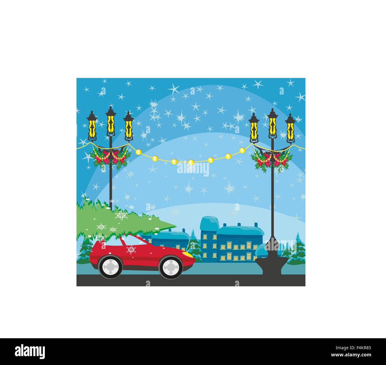 Car with a christmas tree on the roof Stock Vector Image & Art - Alamy
