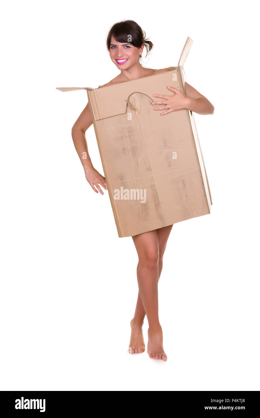 Funny photo of a young woman with nothing to wear but waste materials -  this is part of a series with jute bag, toilet paper Stock Photo - Alamy