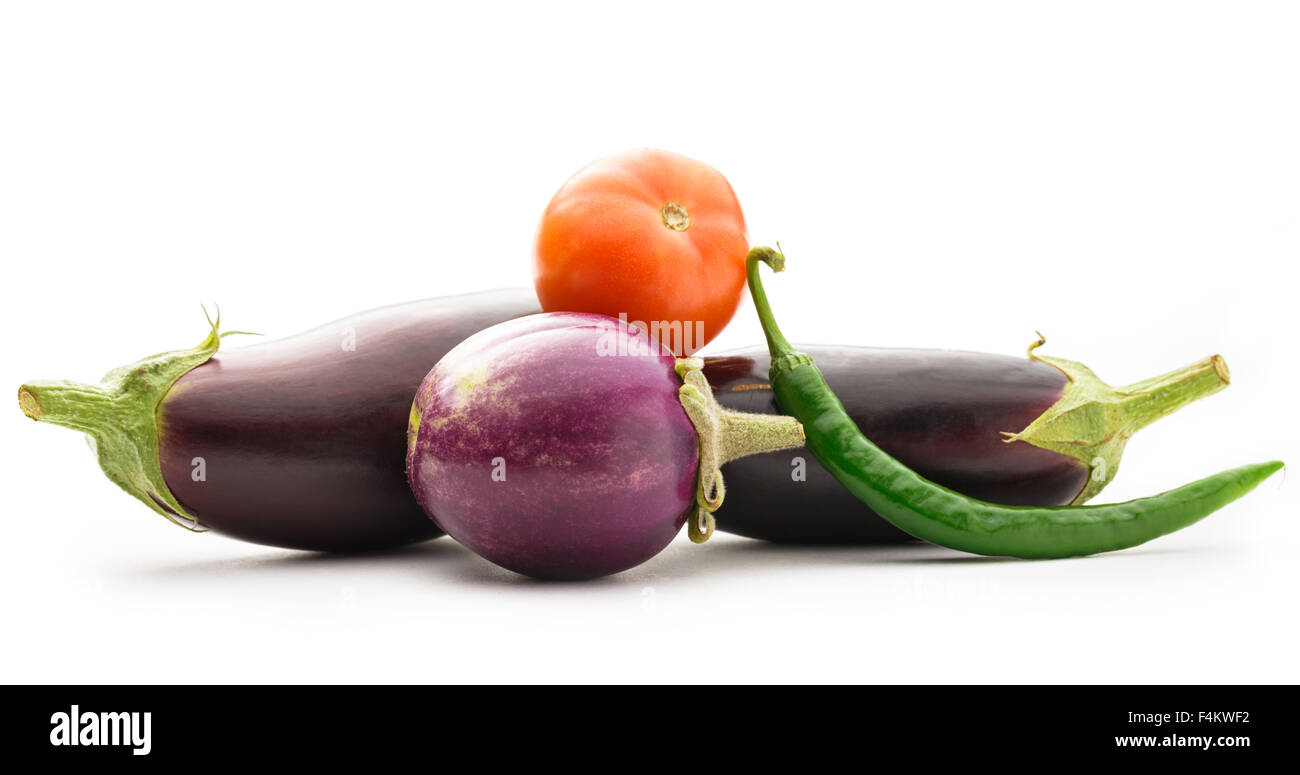 Vegetable set: hot chilly pepper, eggplants and tomato Stock Photo