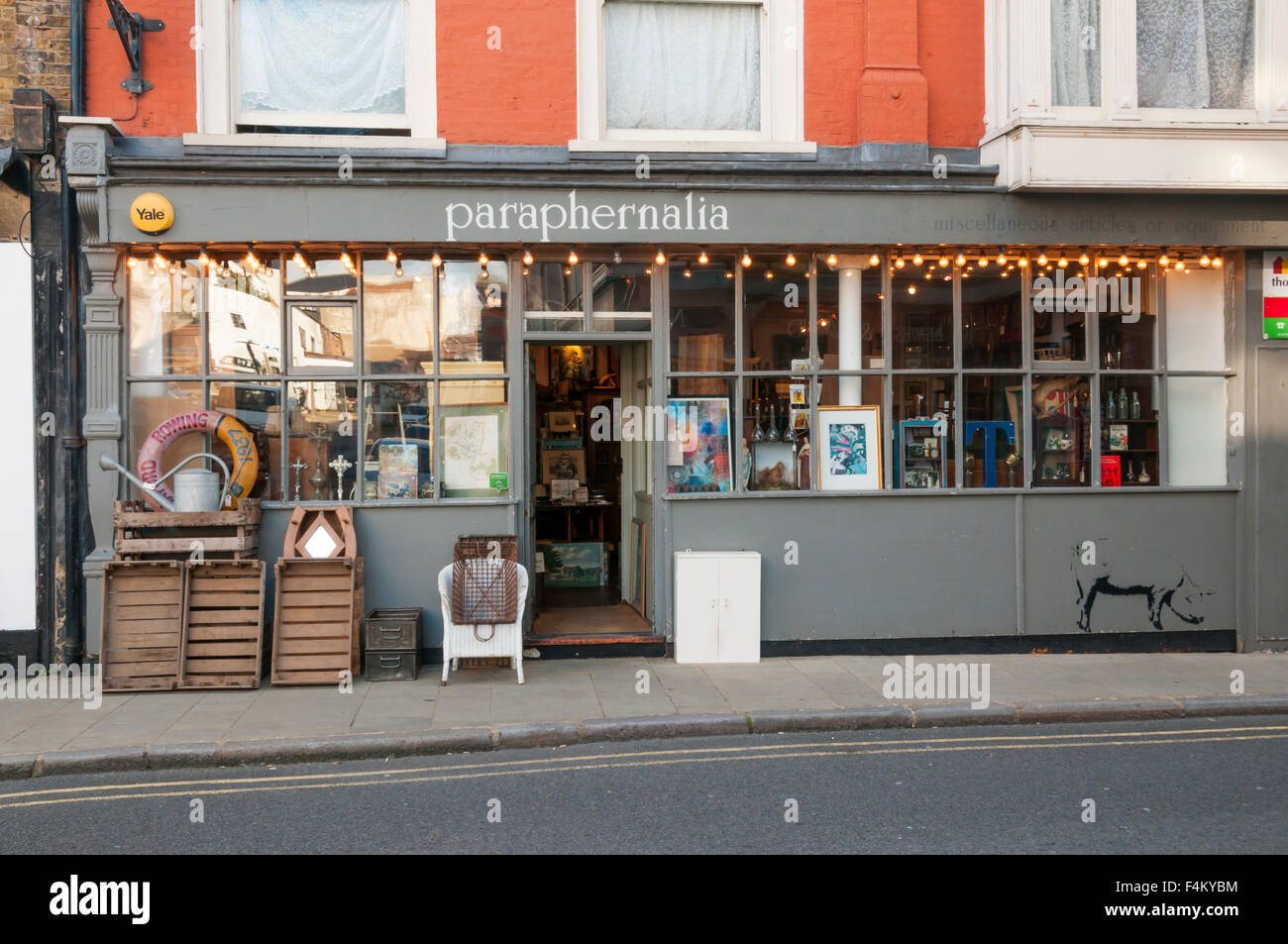 Paraphernalia shop in Margate's old town, with graffiti of a pig by Stewy. Stock Photo