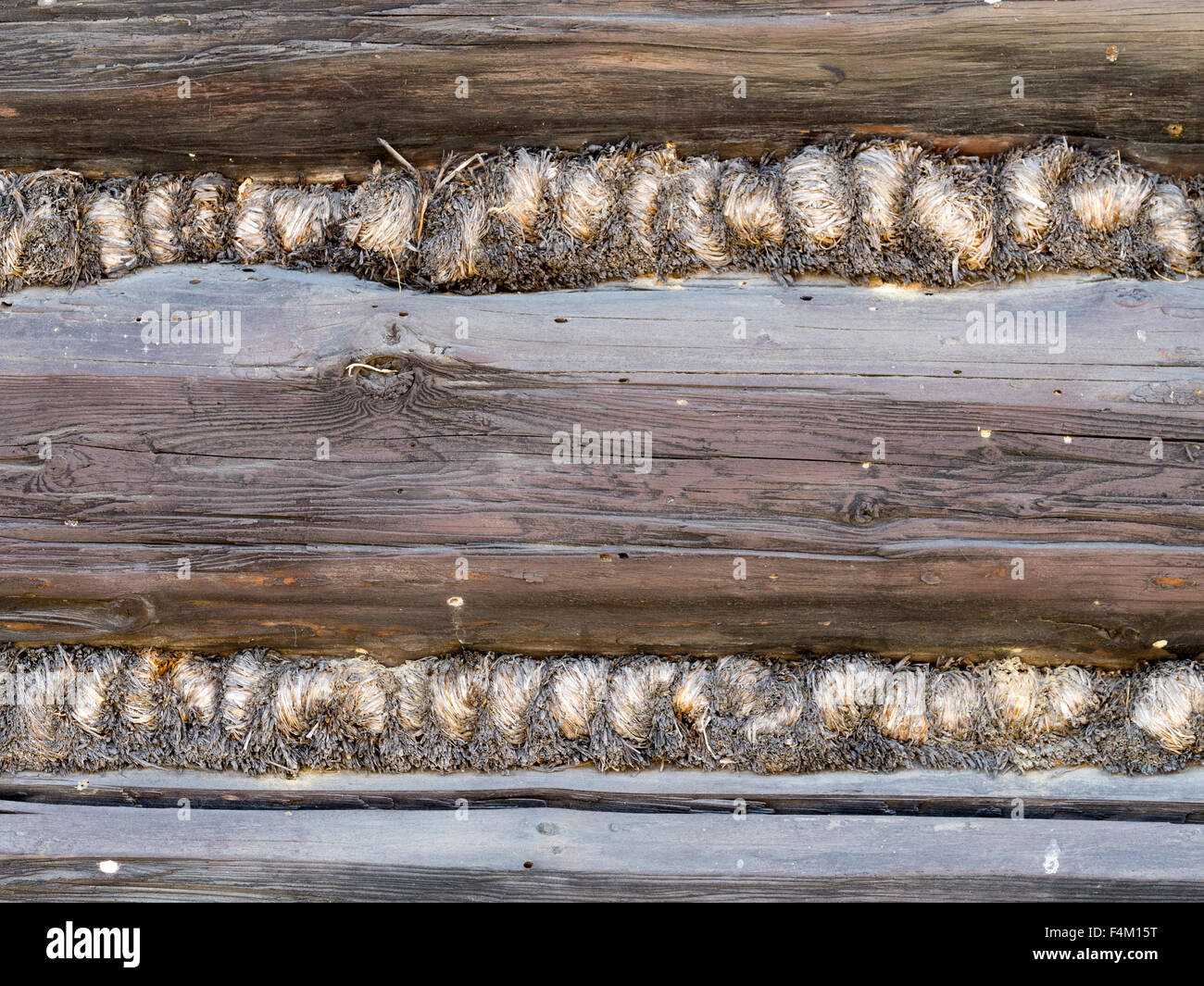 Closeup of wooden cabin wall with hemp rope sealant Stock Photo