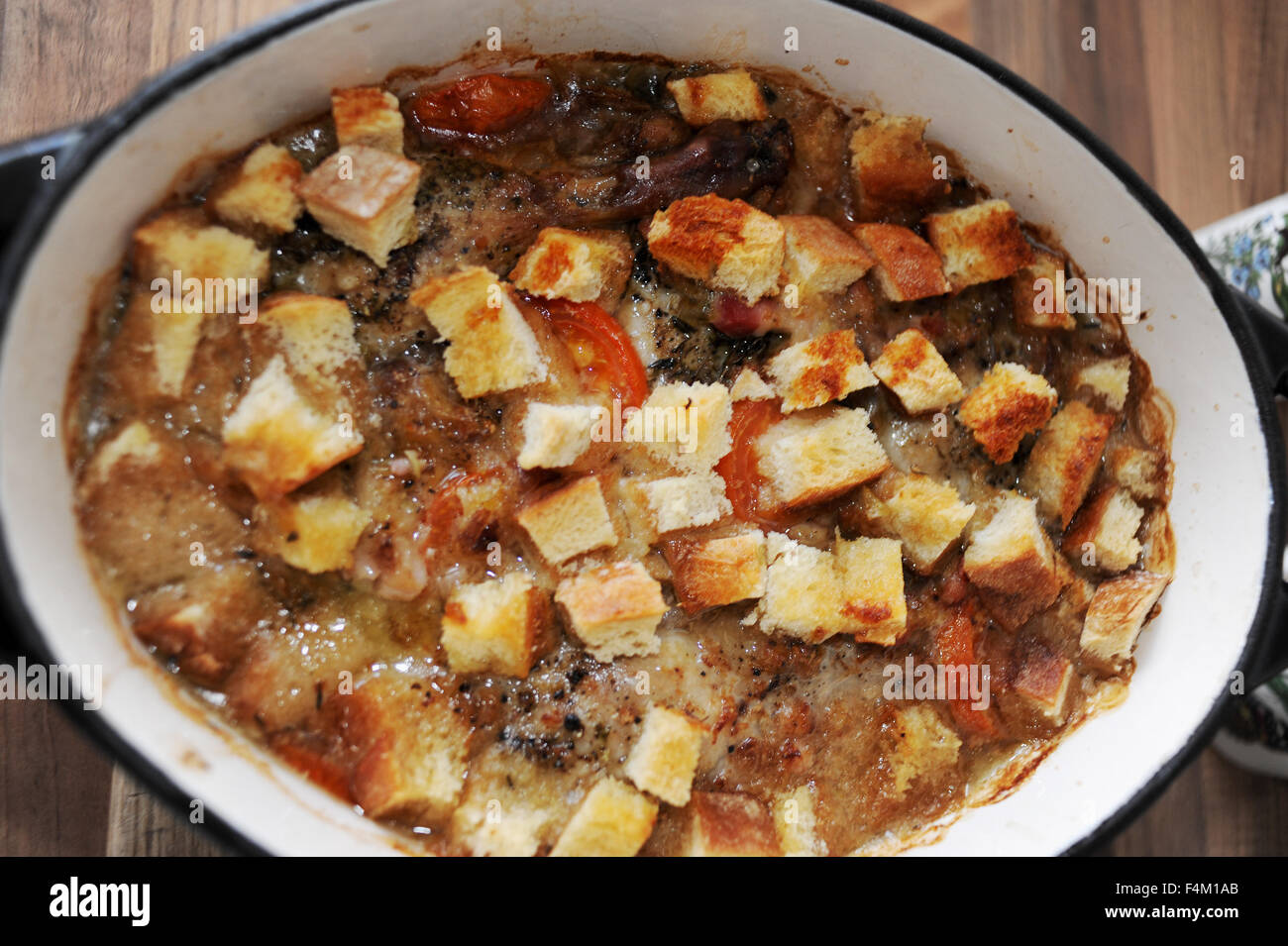 Well known French dish from South West Region cassoulet made with Toulouse sausage duck legs white beans and bread crumbs on top Stock Photo