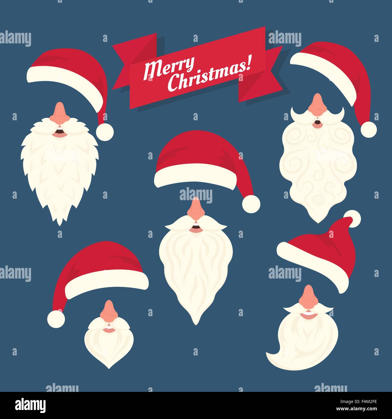 Christmas clothes collection of Santas hats with nose and white beards Stock Vector