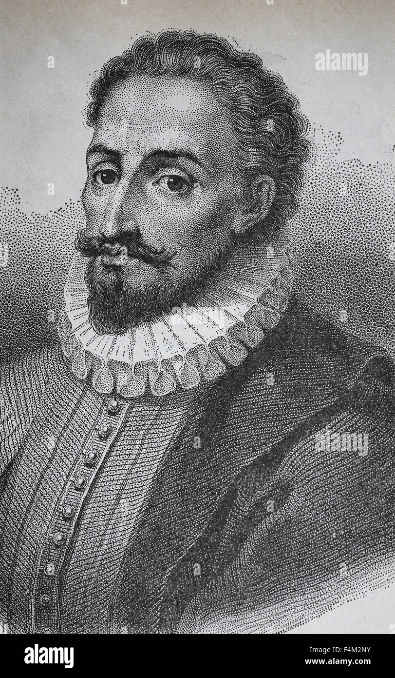 Miguel de Cervantes (1547-1616). Spanish writer. Engraving. 19th century. Portrait. Stock Photo