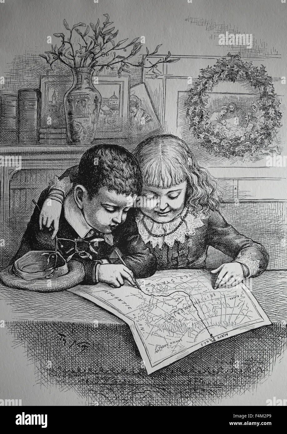 Christmas. Children tracing Santa Claus's route from the North Pole. Engraving 1885 by Thomas Nast. Stock Photo