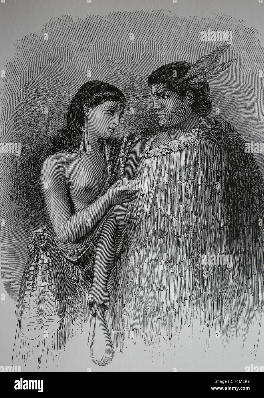 Pacific Islands. New Zealand. A Maori chief with his wife, 1880. Engraving. Stock Photo