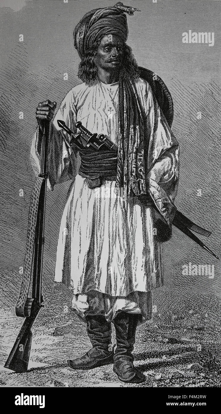 Asia. Afghanistan. Afghan soldier. 1870. Engraving. Stock Photo