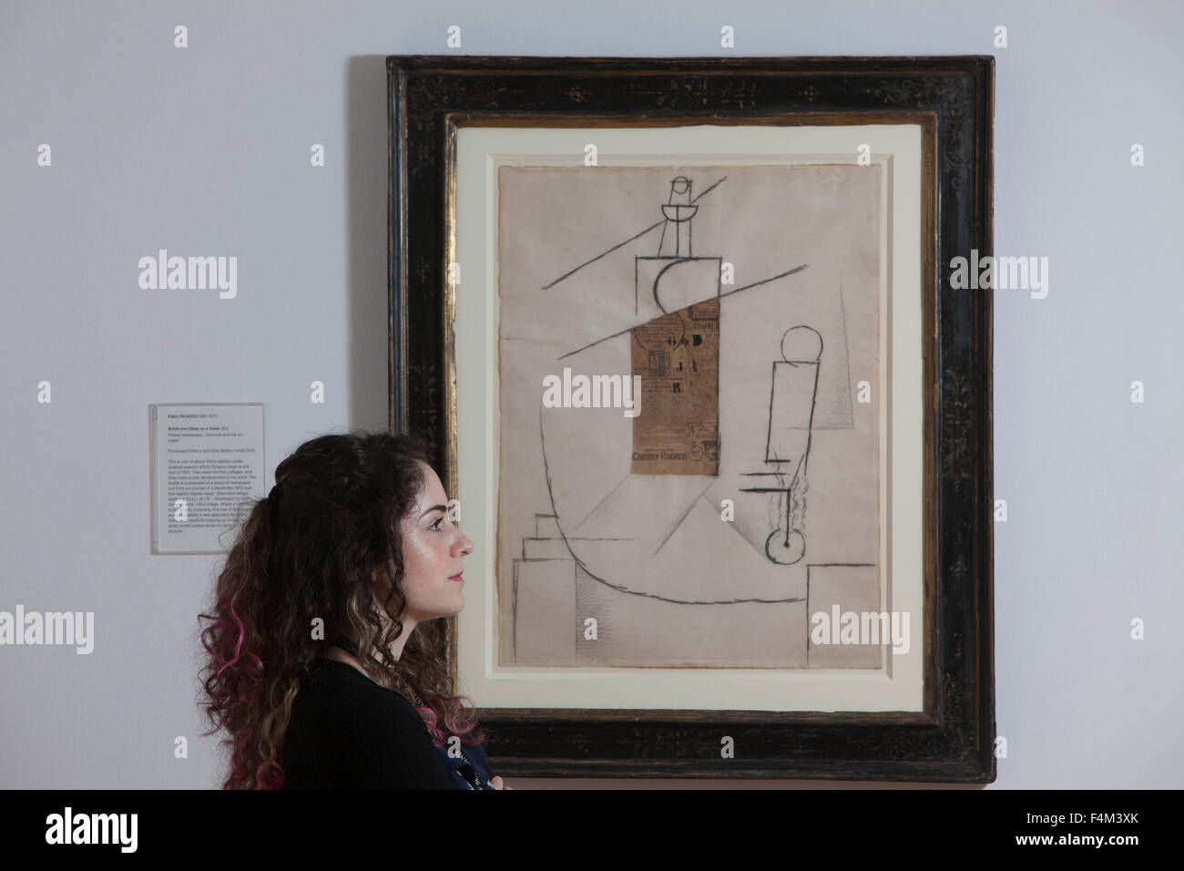 Edinburgh, Scotland.UK. 20th October, 2015. Rare Landmark cubist collage by Picasso acquired for the Scottish national Gallery of Modern Art. Pictured Adeline member of the Scottish Gallery. Pako Mera/Alamy Live News. Stock Photo