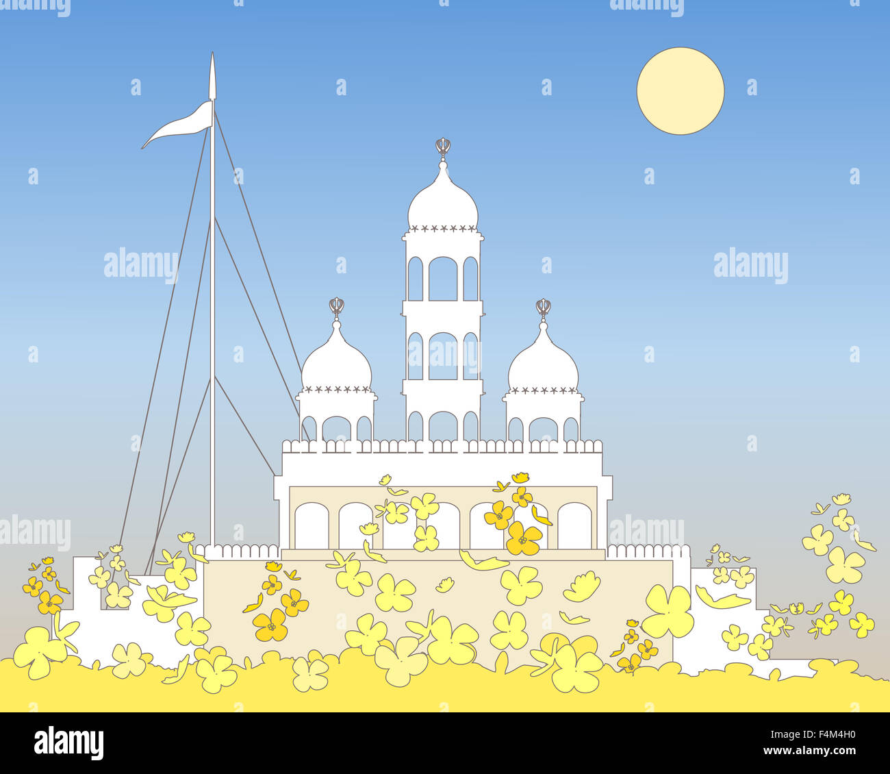 an illustration of a white Gurdwara a temple of the Sikh faith on a hot summer day with yellow mustard flowers in the foreground Stock Photo