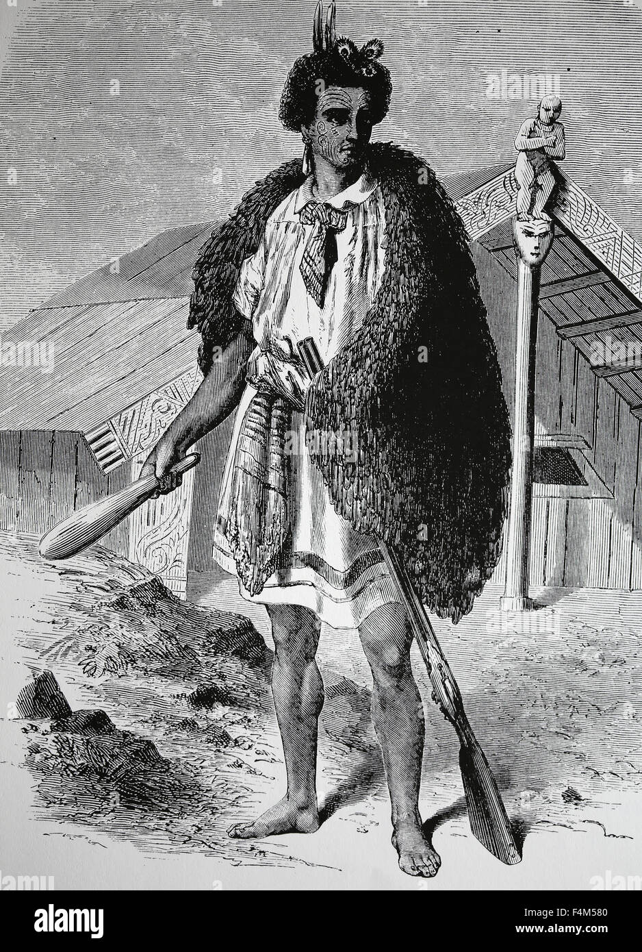 Pacific Islands. New Zealand. Maori chief, c. 1860. Engraving. Stock Photo
