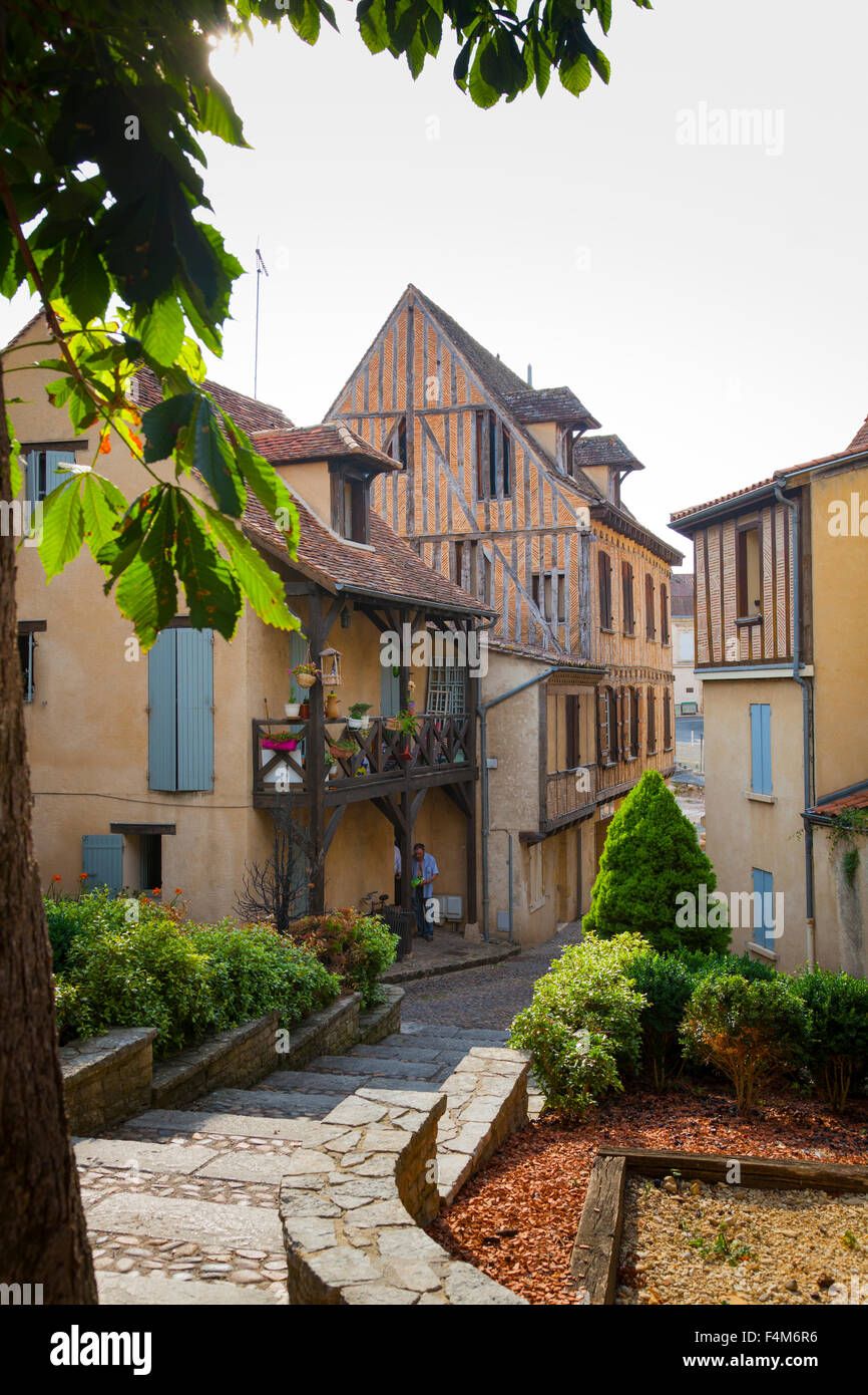 Old timber frame building and balcony in Bergerac France Stock Photo