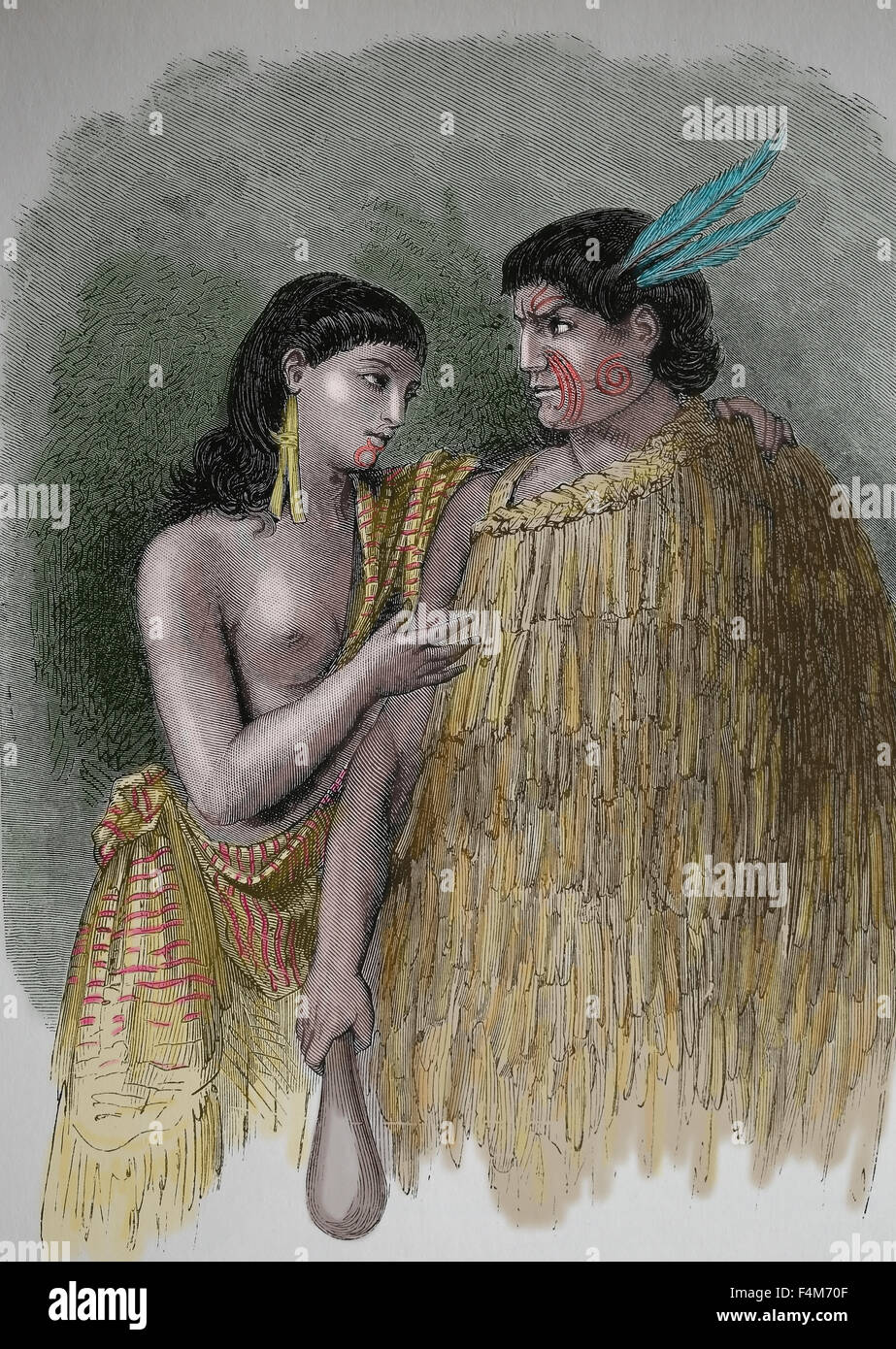 Pacific Islands. New Zealand. A Maori chief with his wife, 1880. Engraving. Color. Stock Photo