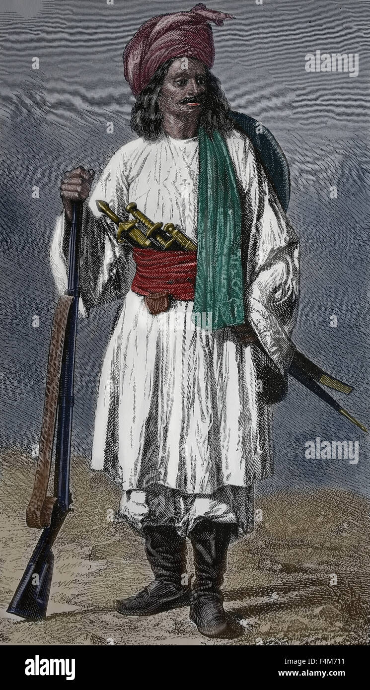 Asia. Afghanistan. Afghan soldier. 1870. Engraving. Color. Stock Photo